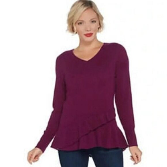 Isaac Mizrahi 2-ply Cashmere Ruffle Sweater Plum Purple Size L - Picture 1 of 5